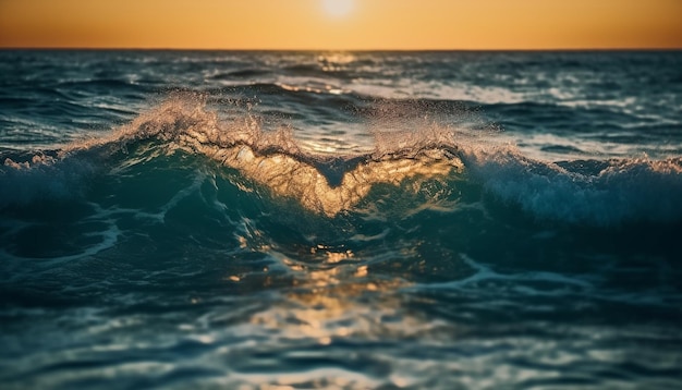 A wave in the ocean with the sun setting behind it