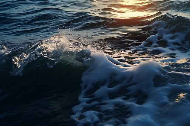 A wave in the ocean with the sun setting behind it