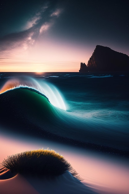 A wave in the ocean with the sun setting behind it