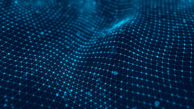 Wave of particles Futuristic blue dots background with a dynamic wave Big data 3d rendering