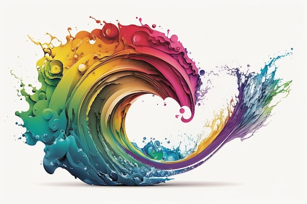A wave of rainbowcolored splashes against a white background AI