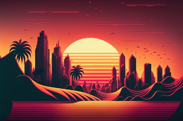 wave retro city landscape background at sunset