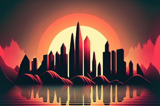 wave retro city landscape background at sunset