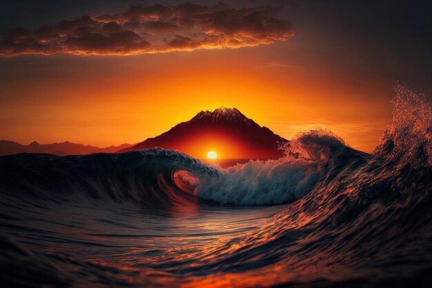 The wave in a seascape is lighted by the rising sun