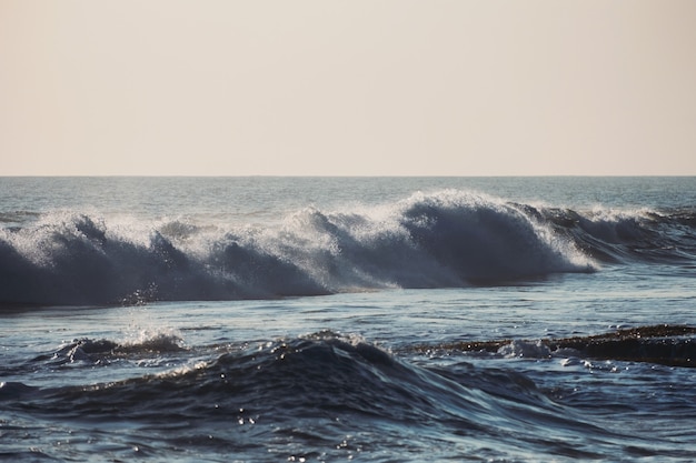 Wave splashing on coastline in tropical sea at dawn