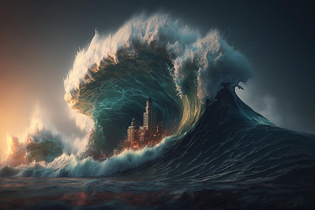 A wave that has a castle on it