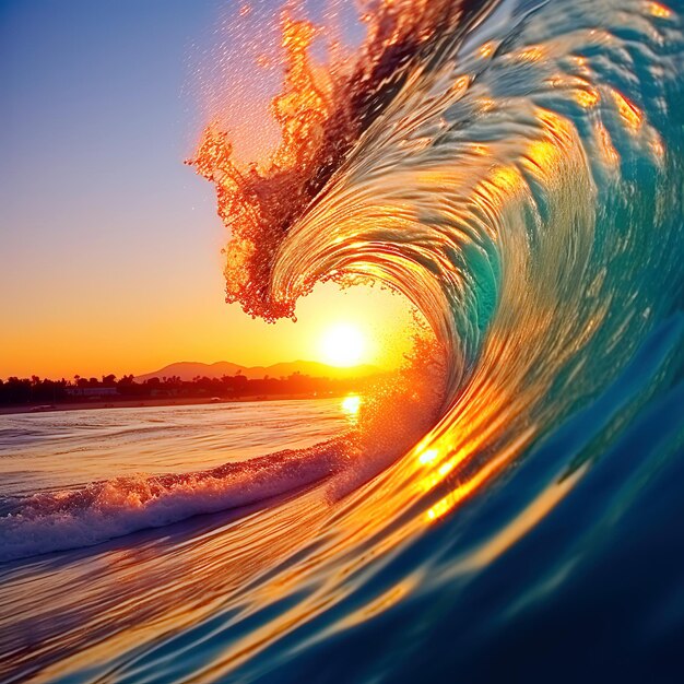 A wave that has the sun setting behind it