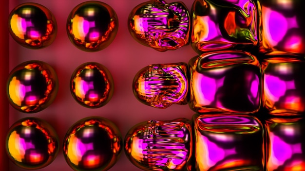 Foto l'onda trasforma le piccole palline in grandi palloncini al neon metallici viola si gonfiano superficie liscia della palla