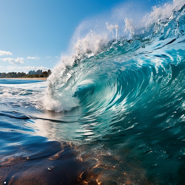 wave of white water in the blue sea