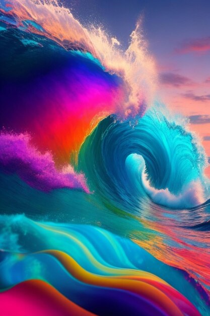 A wave with the colors of rainbow on it