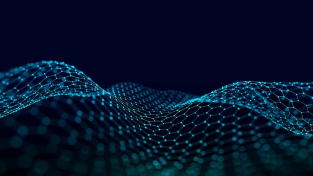 다각형의 어두운 배경에 있는 점과 선의 연결을 가진 파동 미래주의적 추상적인 mesh