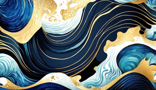 A wave with gold and blue waves on a black background