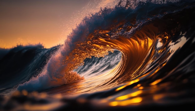 A wave with a golden glow is seen in the ocean.