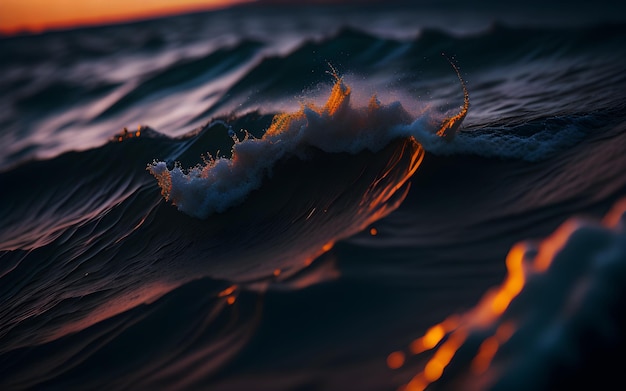 A wave with the sun setting behind it