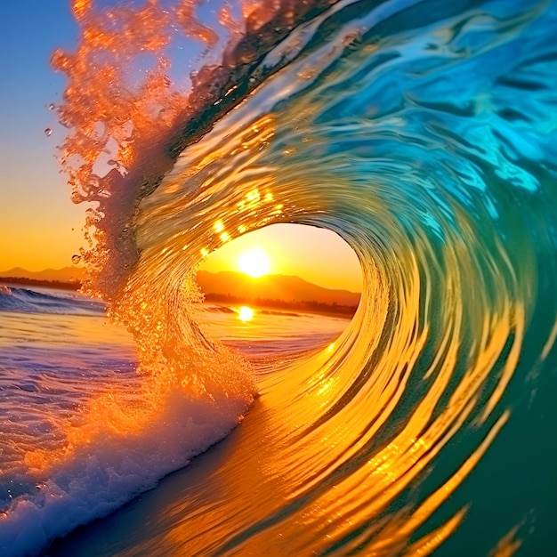 Photo a wave with the sun setting behind it