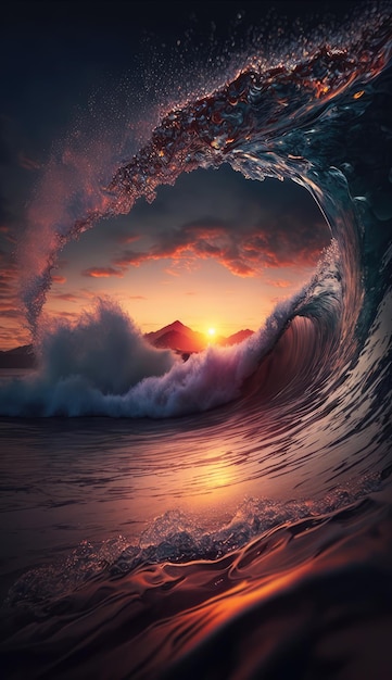 Premium AI Image | A wave with the sun setting behind it