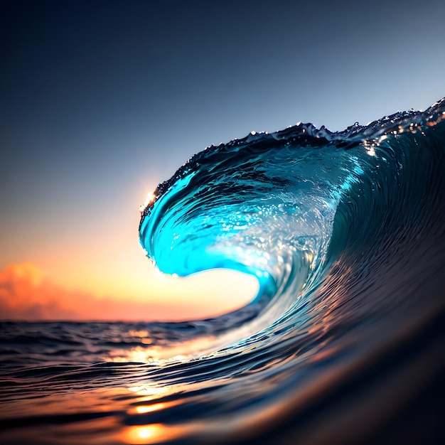 A wave with the sun setting behind it