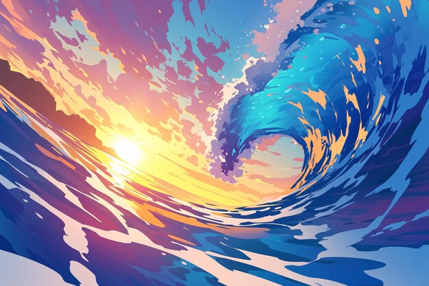 a wave with the sun setting behind itIllustrations of the national tide and waves during the Beginni