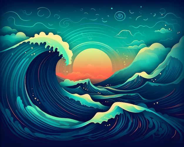 A wave with the sun shining on it wallpaper design