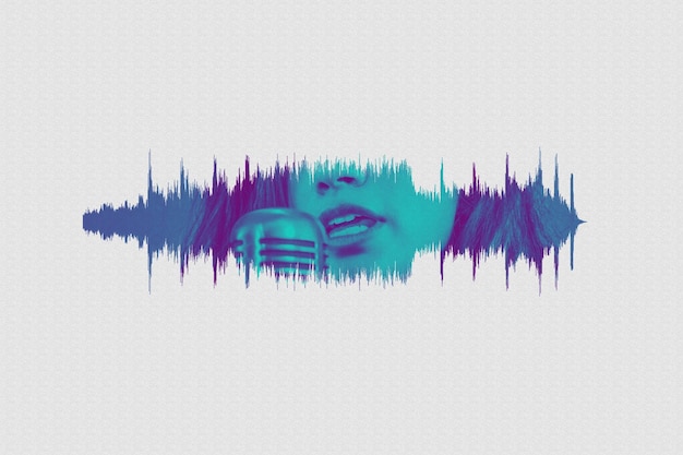 Waveform silhouette , woman singing with antique microphone