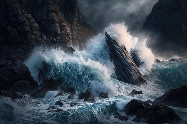 Waves crash against rocky shore creating a dramatic scene
