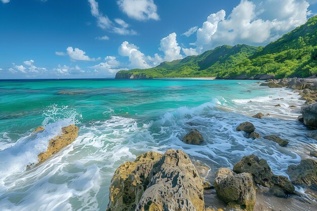 写真 波が岩石の海岸線にぶつかり 緑色の海水が熱帯の岩石の岸にぶつかる