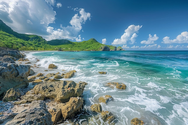 写真 波が岩石の海岸線にぶつかり 緑色の海水が熱帯の岩石の岸にぶつかる