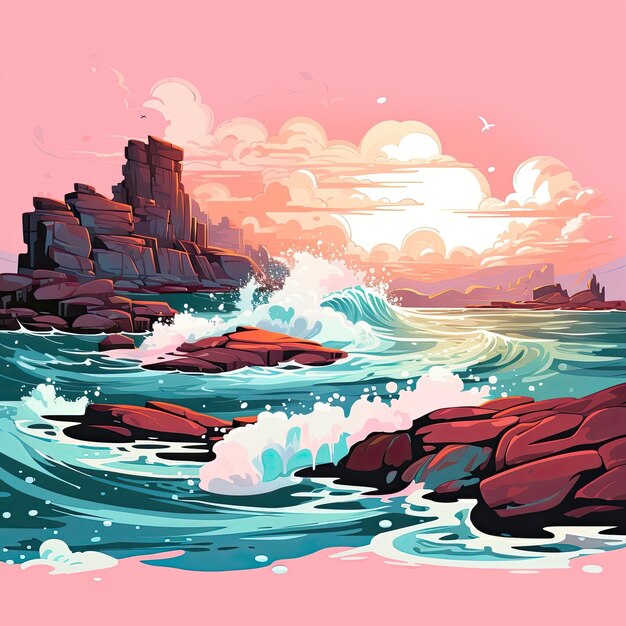 Waves crash over rocks on the shore of a large body of water Illustration Generative AI