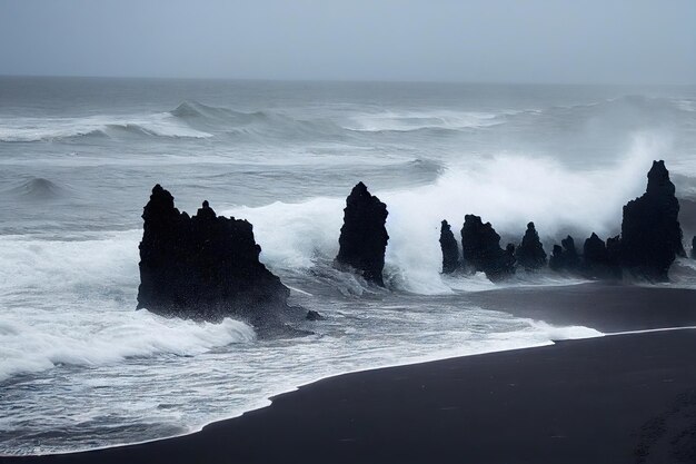 Waves crashing against protruding rocks and coast of iceland beach