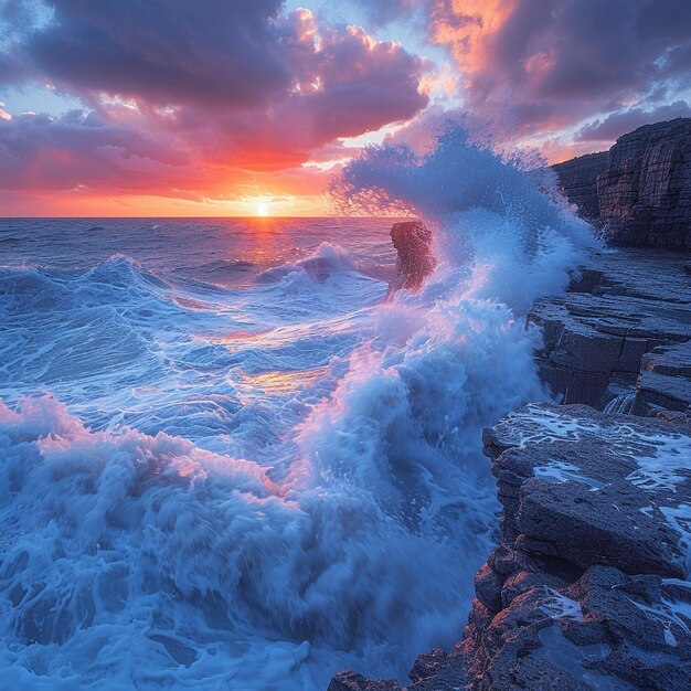 Photo waves crashing against rocky shore at sunrise