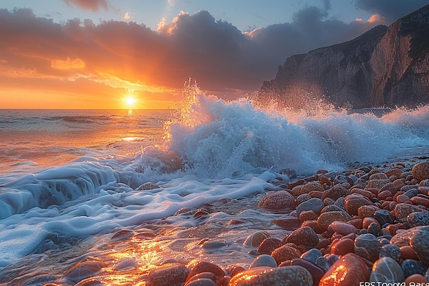 Photo waves crashing against rocky shore at sunrise