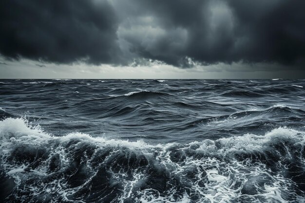Photo waves crashing against the shoreline of a monochromatic ocean under a cloudy sky ocean waves under a dark stormy sky in shades of grey ai generated