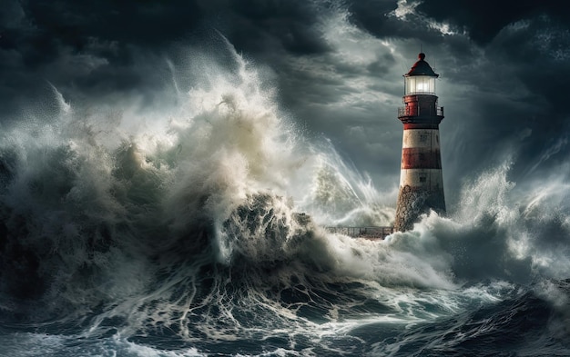 Waves crashing over a lighthouse Created with Generative AI technology