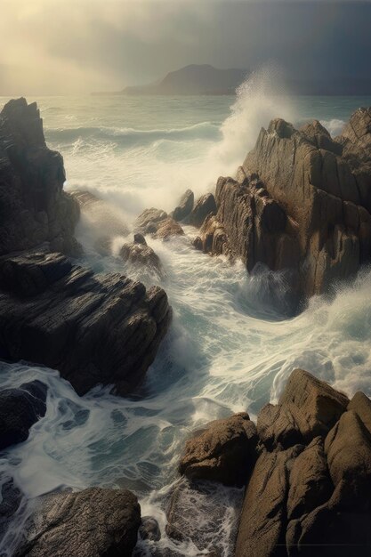 Waves crashing onto a rocky shoreline created with generative ai