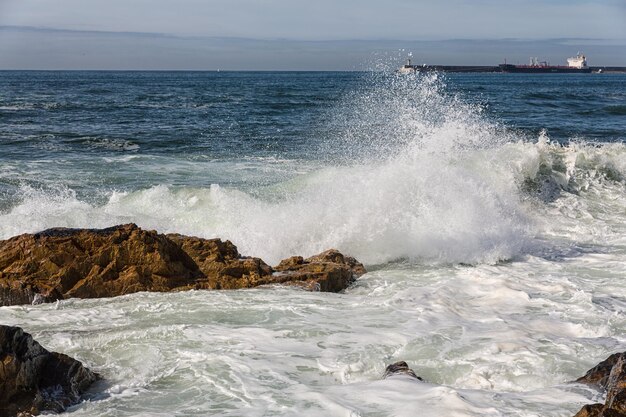 写真 ポルトガルの海岸に打ち寄せる波