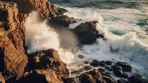 Waves crashing on the rocks at the beach