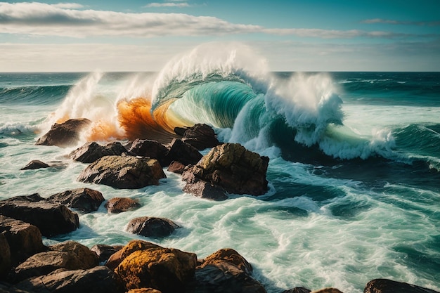 Волны разбиваются о камни в воде