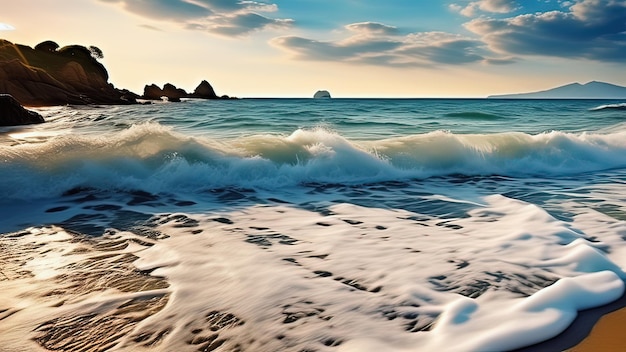 Waves Crashing on Shoreline Against Rocky Landscape