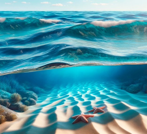 Фото Волны, поднимающиеся над спокойным подводным морским пейзажем с морскими звездами на песчаном дне океанская концепция спокойствия генеративный ии