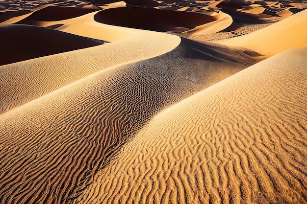 Waves of golden sand among dry hot desert dunes