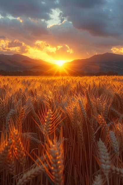 Waves of grain in a field at sunset