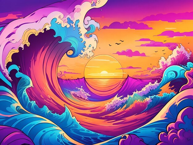 Waves in the ocean cartoon illustration