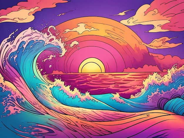 Photo waves in the ocean cartoon illustration