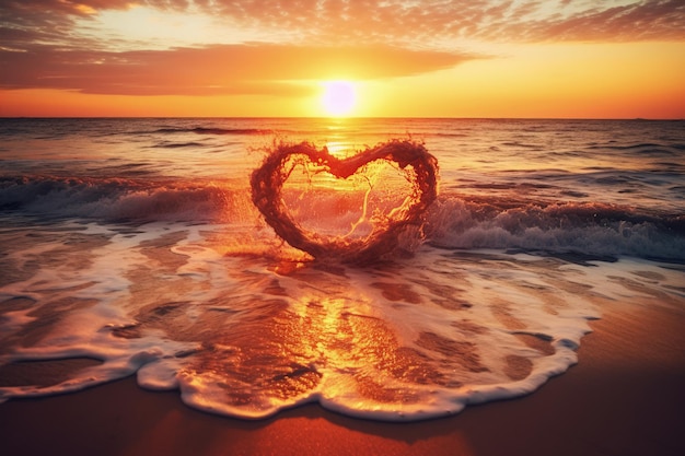 해가 지는 발렌타인 데이에 바다의 파도가 심장 모양을 하고