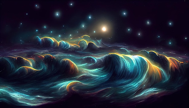 Waves in ocean at night with galaxy stars in the sky