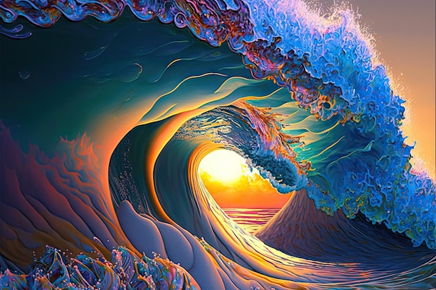 Waves ocean sunbeams artwork colorful water high details Generative AI AIG15