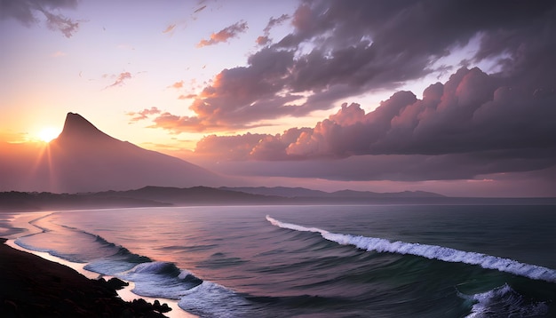 Волны океана закат на берегу красивые пейзажи прибрежные цифровые обои генеративный искусственный интеллект для поста в instagram facebook веб-сайт баннеры листовки