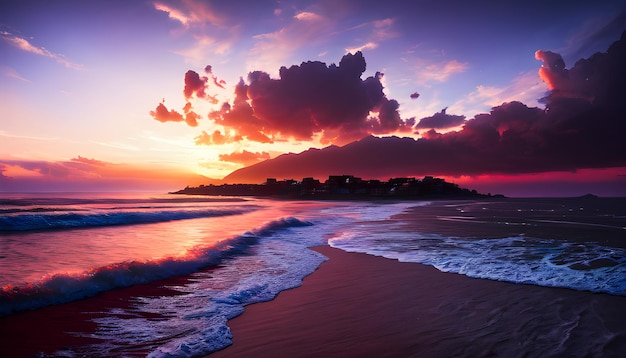 Waves ocean sunset by the shore nice scenery coastal digital wallpapers generative ai