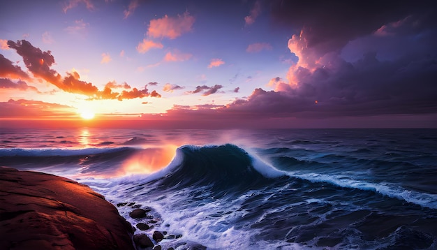 Waves ocean sunset by the shore nice scenery coastal digital wallpapers generative ai