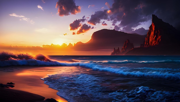 Photo waves ocean sunset by the shore nice scenery coastal digital wallpapers generative ai